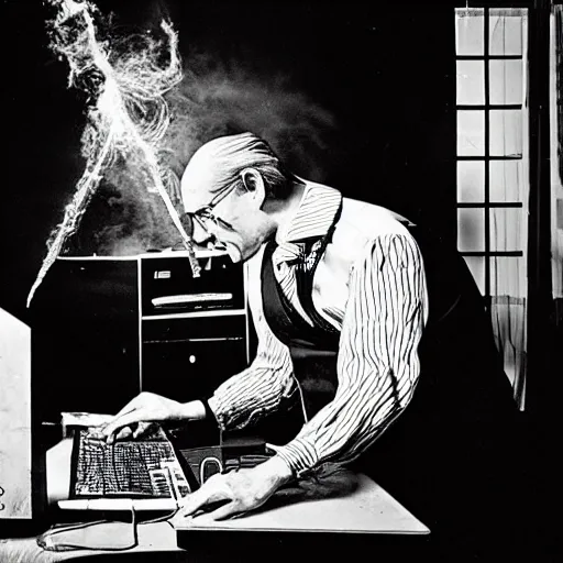 Prompt: a black and white photograph of a man destroying a computer until it sparks, by gary baseman, by robert crumb, by jim henson, photorealistic, surreal, soft lighting, film photography, home photography, home video