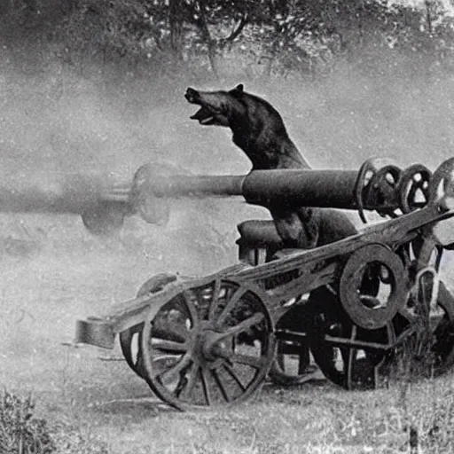 Image similar to a picture of a enormous bear pulling a towed artillery gun behind his back like a carriage, eastern front, historical picture