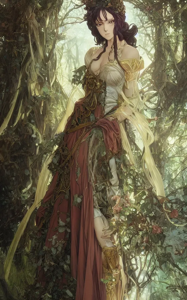 Image similar to anime key visual of amora the enchantress wearing a medieval gown!! intricate, magical forest, stunning, highly detailed, digital painting, artstation, smooth, hard focus, illustration, art by artgerm and greg rutkowski and alphonse mucha