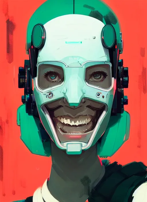 Prompt: highly detailed portrait of a cyborg grinning at the camera, atey ghailan, by greg rutkowski, by greg tocchini, by james gilleard, by joe fenton, by kaethe butcher, green gradient, neon blue, neon red and white color scheme, trending in pinterest, award winning details hd