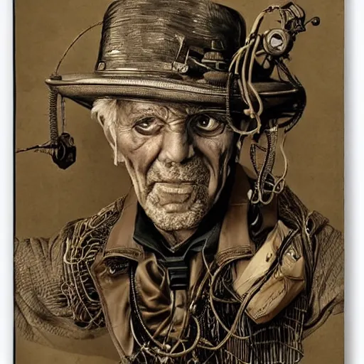 Prompt: Old wrinkled man being afraid in steampunk outfit, attached to wires. Dark, intricate, highly detailed, smooth, in style of Stanislav Vovchuk