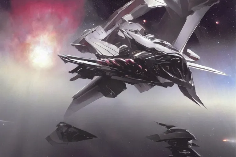 Image similar to gnostic space nebula by John Harris, framing a pteranodon mecha interceptor, small against the backdrop of space, white john berkey armor panels, wine-red and grey trim, robotech styling, with white Kanji markings outlined in black, boeing concept art painting, cinematic lighting, amazing lifelike cinematic photo render,