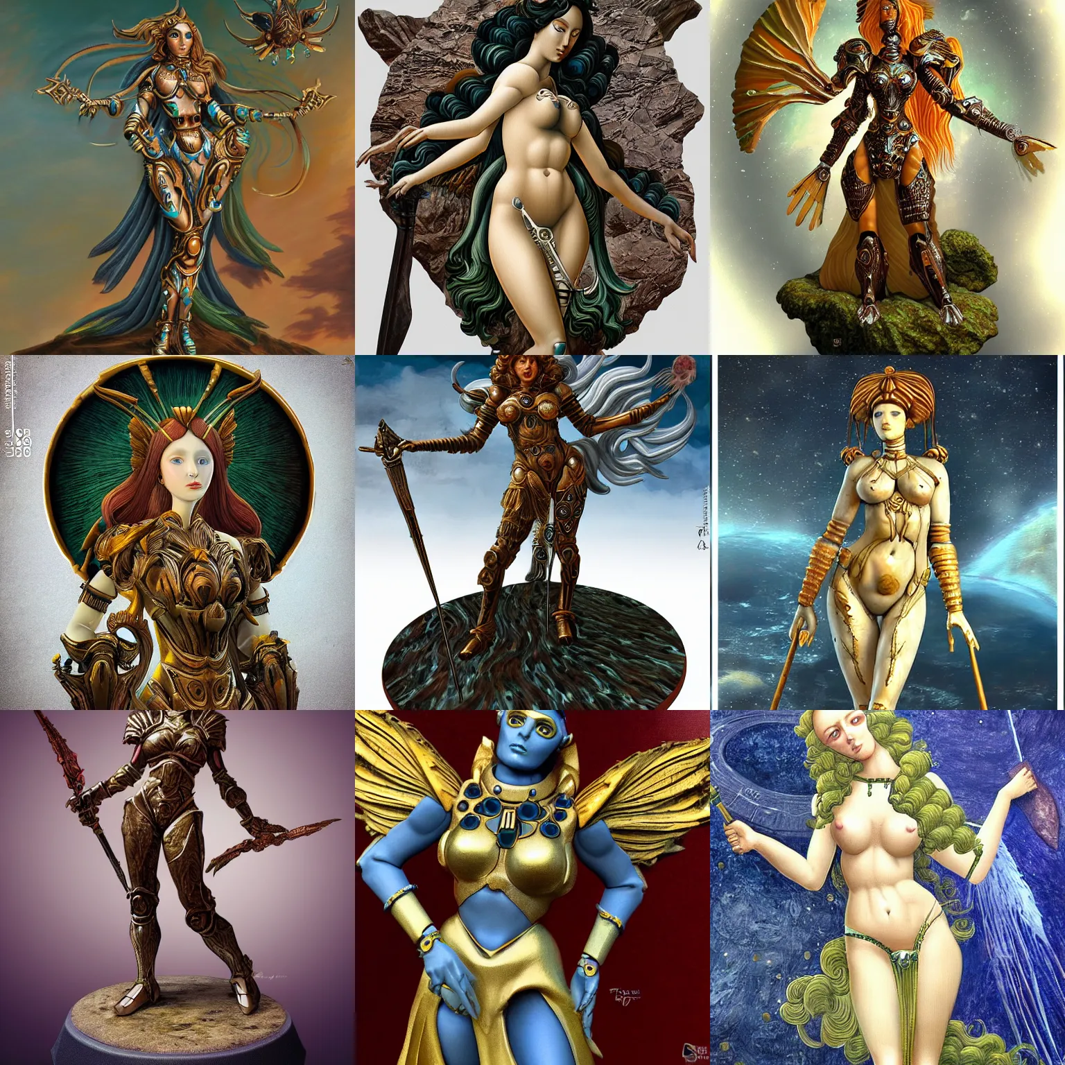 Image similar to venus goddess in ancient alien planet sci-fi armor, in the style of sandro botticelli, stylized, highly detailed, trending on artstation, award winning, painted warhammer miniature