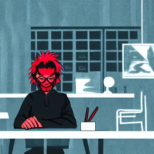 Prompt: dark lord sitting at desk, medium shot, portrait, john k, semi realistic anime, red demon cyberpunk symbols