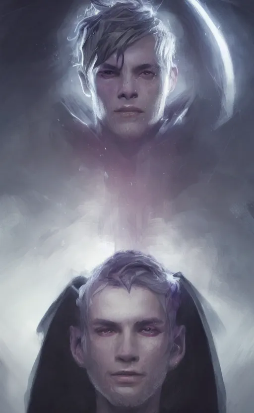 Image similar to portrait of a young man with glowing purple eyes, dressed in a black cloak, silver hair, detailed face, fantasy, highly detailed, cinematic lighting, digital art painting by greg rutkowski