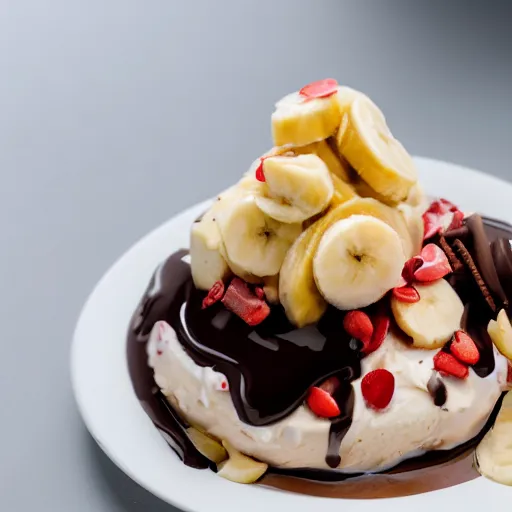 Image similar to dslr food photograph of an ice cream banana split with shrimps on top, banana, chocolate sauce, 8 5 mm f 1. 4