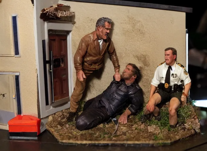 Prompt: drunk mel gibson arrest diorama.