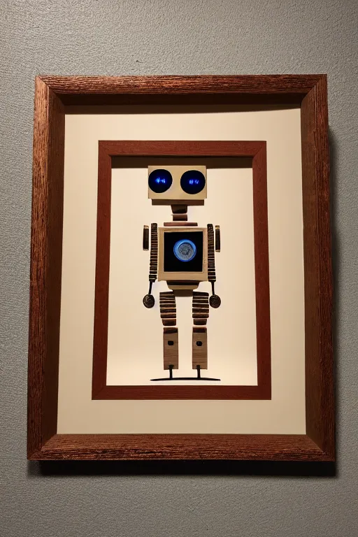 Prompt: A beautiful professional robot portrait, of an elder statesrobot by Bachrach Studios, 1980s, in an classy wooden frame