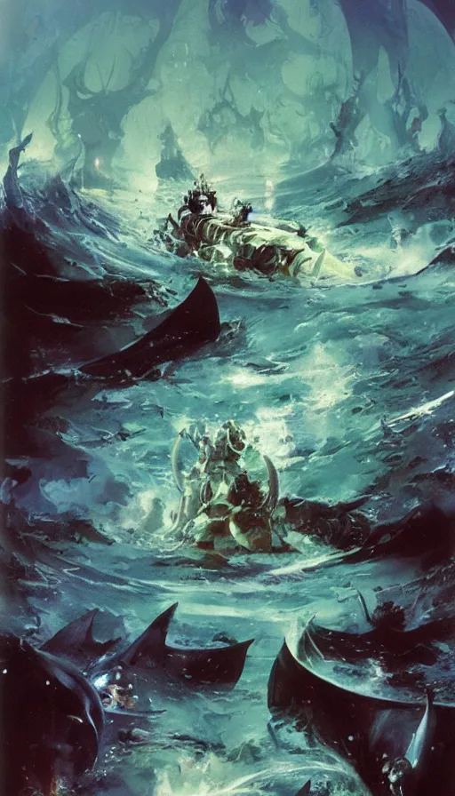 Image similar to man on boat crossing a body of water in hell with creatures in the water, sea of souls, by john berkey