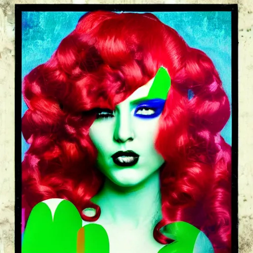 Prompt: an altered photo of a woman with long red hair and green makeup, a pop art painting by ed paschke, behance, pop art, pop art, anaglyph effect, anaglyph filter