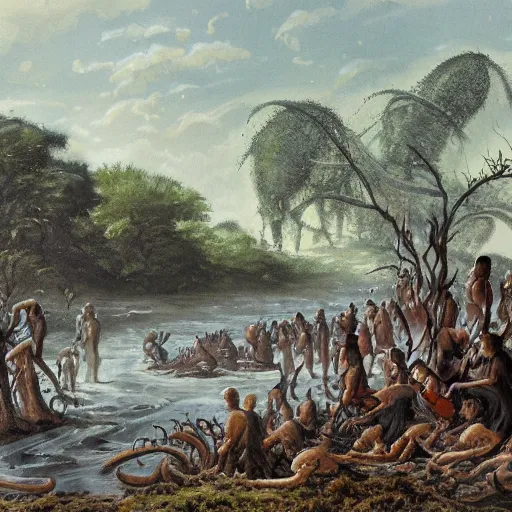 Prompt: a cinematic painting of alien tentacles emerging from the water of a river, hoards of people are gathering around the riverbed, wind blowing the leaves from the trees