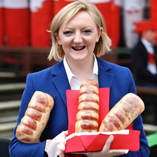 Image similar to liz truss wrapped in sausages
