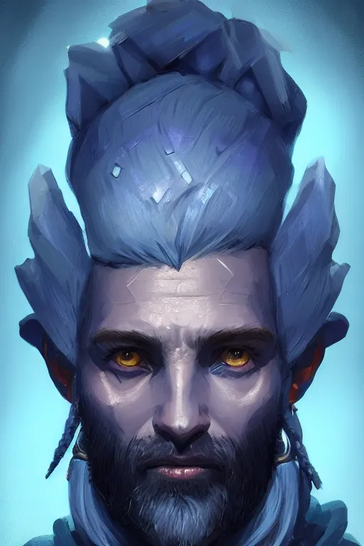 Image similar to portrait of a blue skin genasi with a square jaw from d & d by greg rutkowski, dreadlocks and small beard, tempest priest, runic rings, d & d character, blue, black background, highly detailed portrait, digital painting, artstation, concept art, smooth, sharp foccus ilustration, artstation hq