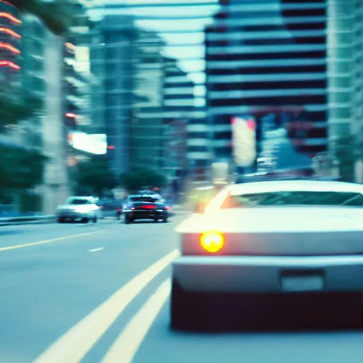 Image similar to film still of futuristic movie. Car chase action scene. Sigma 85mm f/1.2