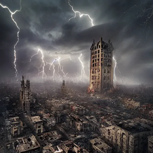 Image similar to a destroyed city with a big tower in the middle covered in mist, lightning bolts hitting and exploding the buildings, by michal karcz