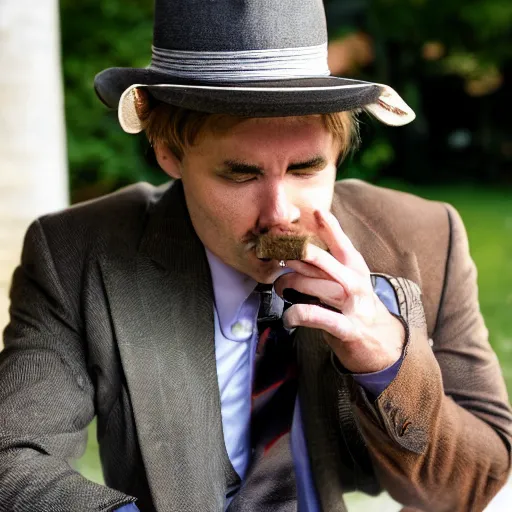 Image similar to smoking cigar, a man wearing a suit capybara head wearing a hat (smoking cigar)