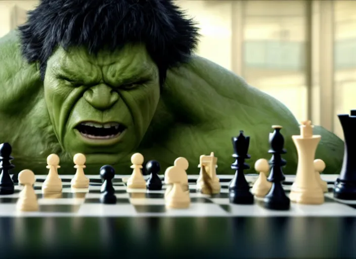 KREA - film still of hulk playing chess in the new avengers movie, 4 k