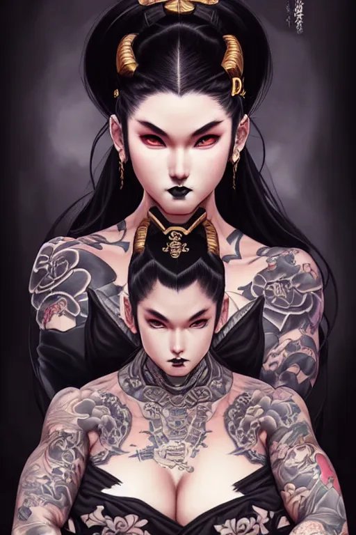 Image similar to portrait of goth Chun Li with yakuza tattoos, Street fighter, intricate, elegant, highly detailed, digital painting, artstation, concept art, smooth, sharp focus, illustration, art by artgerm and greg rutkowski and alphonse mucha