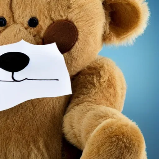 Image similar to teddy bear looking at his termination letter, screaming at it in silence,