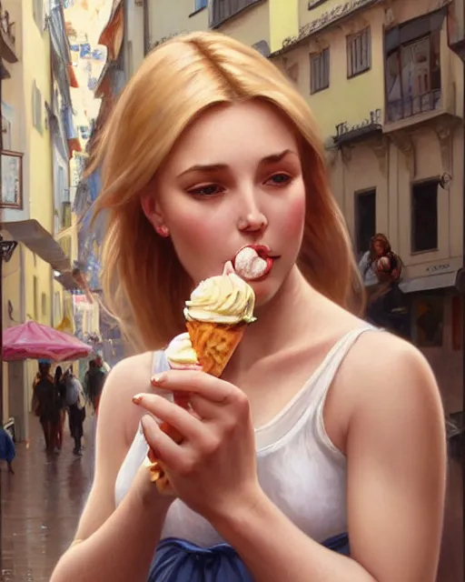 Image similar to Painting of a blonde lady eating an ice cream in Porto,real life skin, intricate, elegant, highly detailed, artstation, concept art, smooth, sharp focus, art by artgerm and greg rutkowski and alphonse mucha