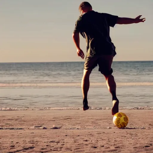 Image similar to a man kicking a ball at the beach