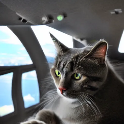 Prompt: A cat with a pilot cap piloting an airplane, photography