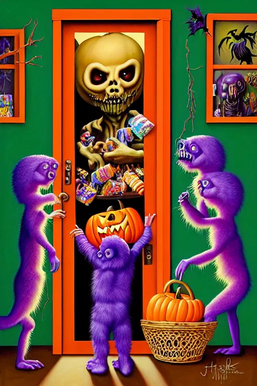 Prompt: a hyperrealistic painting of trick or treaters knocking on door and scary chimeric creature answers with bowl of candy, cinematic horror by jimmy alonzo, the art of skinner, chris cunningham, lisa frank, richard corben, highly detailed, vivid color,