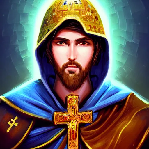 Image similar to detailed portrait of holy crusader, old roman style, non - reflective blue neon cloak, decorated with traditional holy church ornaments by rhads, makoto shinkai cyril rolando, madgwick illustrated, perfect face, fine details, realistic shaded, fine - face, pretty face