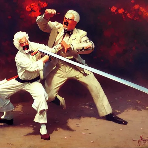 Image similar to colonel sanders with katana fighting donald mcdonald, highly detailed painting by gaston bussiere, craig mullins, j. c. leyendecker, 8 k