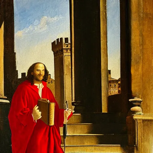 Prompt: a painting os medici walking in florence italy wearing a red robe carrying a leather bound book