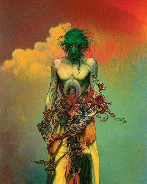 Prompt: rainbow flowerpunk portrait of a skateboarding tattooed green god by paul lehr, beksinski, alphonse mucha, jesper ejsing