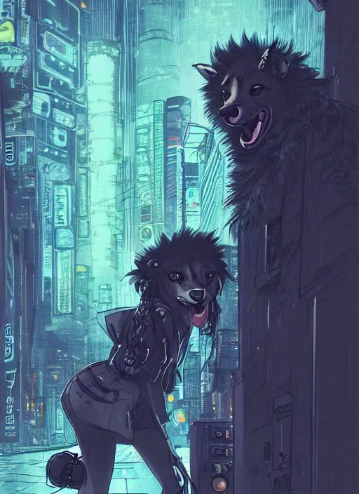 Image similar to character portrait of a female anthro hyena fursona with a cute beautiful attractive furry face and long black curly hair wearing stylish clothes in a cyberpunk city at night while it rains. hidari, color page, tankoban, 4K, tone mapping, Akihiko Yoshida.