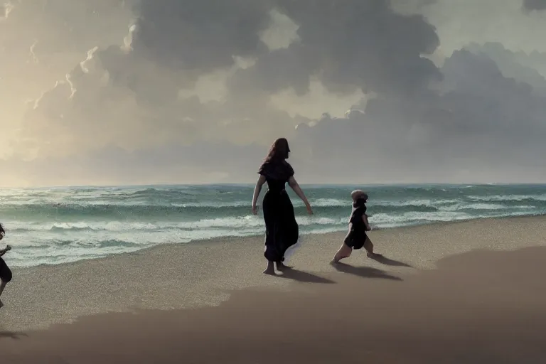 Image similar to woman with child walking on beach, by Greg Rutkowski, William-Adolphe Bouguereau, jason chan, Maxim Verehin, Peter Konig, photorealistic 8k, cinematic lighting, HD, high detail, atmospheric, trending on artstation