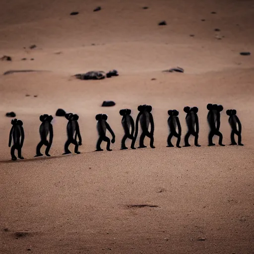 Image similar to Contamporary art photography of group of monkey's that wears suits standing around Obsidian monolith in the desert