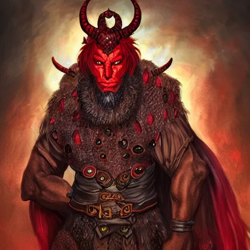 Prompt: dnd style portrait of a tiefling, male, red scales, red skin, a big black beard, completely golden eyes, 2 black ram horns growing out of his forehead,