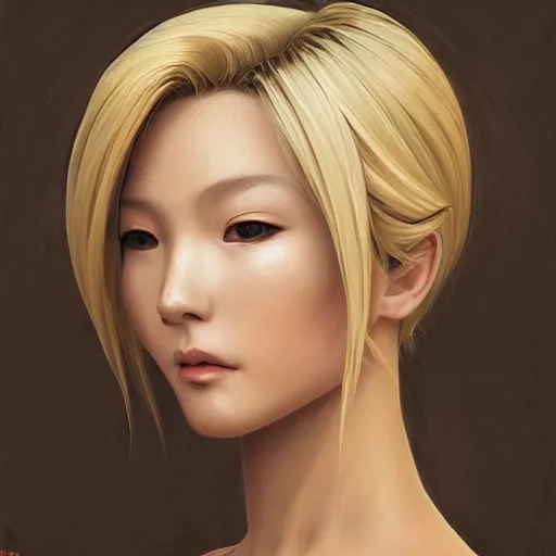 Image similar to Blonde Girl from Yakuza with thin lips, pronounced cheekbones, hair of medium length (longer caret), highly detailed, digital painting, artstation, concept art, smooth, sharp focus, illustration, ArtStation, art by artgerm and greg rutkowski and alphonse mucha and J. C. Leyendecker and Edmund Blair Leighton and Katsuhiro Otomo and Geof Darrow and Phil hale and Ashley wood and Ilya repin and Charlie Bowater