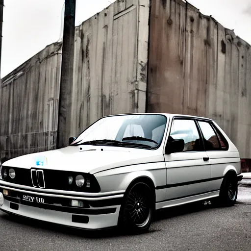 Prompt: a bmw e30 in a dark and stormy dystopia