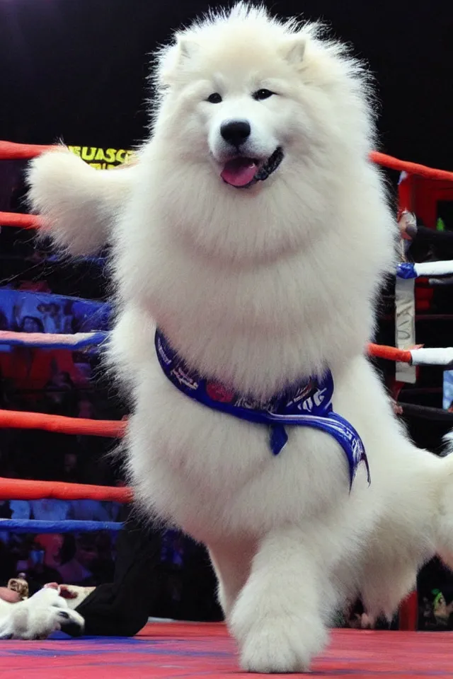 Image similar to samoyed dog competing in muay thai kickboxing world championship, photorealistic