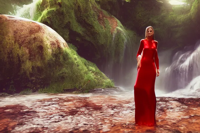 Prompt: a woman in a red dress is standing under the waterfall, post apocalypse, green everywhere, 4k, ultra details, cinematic, epic style, beautiful photo, hyper realistic, octane render, unreal engine, award winning, on artstation, volumetric lightning, masterpiece, golden hour,