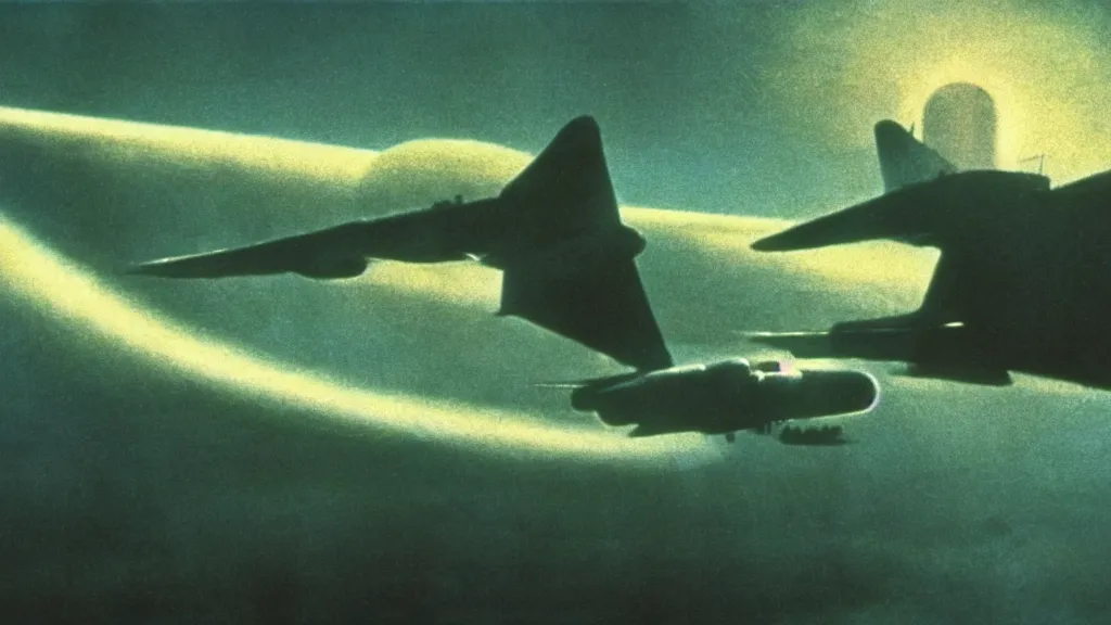 Image similar to the jets plane flies through an alternate dimension, film still from the movie directed by christopher nolan and david cronenberg with art direction by zdzisław beksinski and dr. seuss