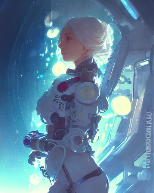 Image similar to anime visual of a female astronaut, neon, cyberpunk, futuristic, stunning, highly detailed, digital painting, artstation, smooth, soft focus, illustration, art by artgerm and greg rutkowski and alphonse mucha