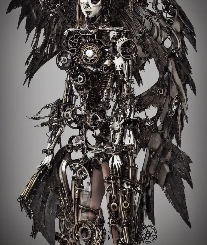 Image similar to Steampunk cyborg skeleton girl with mechanical dark wings ,highly detailded
