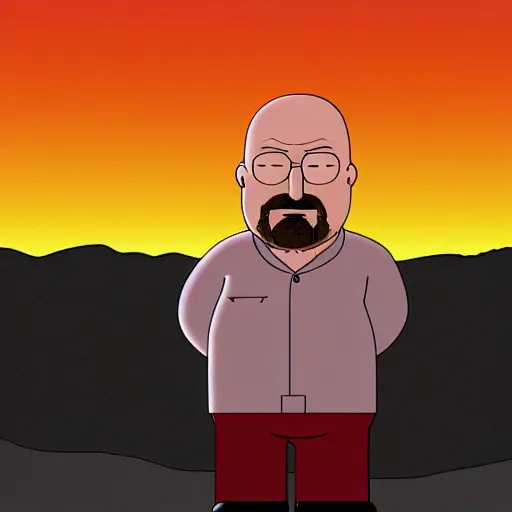 Image similar to Walter White in the style of family guy in a sunset scene