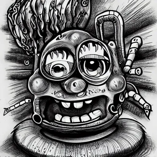 Prompt: A very detailed drawing of SpongeBob SquarePants in the Style of H.R Giger