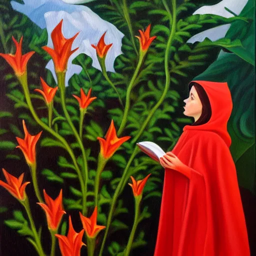 Image similar to oil painting of little red riding hood looking up at gigantic datura strammonium flower