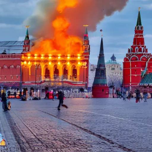 Image similar to high quality image of fire on Red Square in Moscow, highly detailed, 8k, professional photo