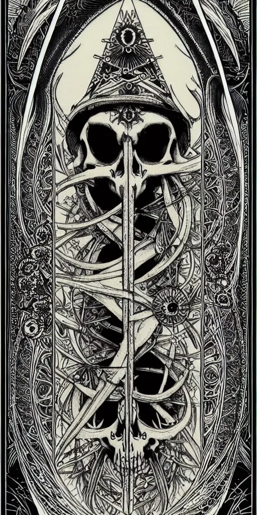 Prompt: a beautiful ombre skullpunk fractal tarot card featuring bold occult imagery with clean lines. haeckel. detailed adult coloring book