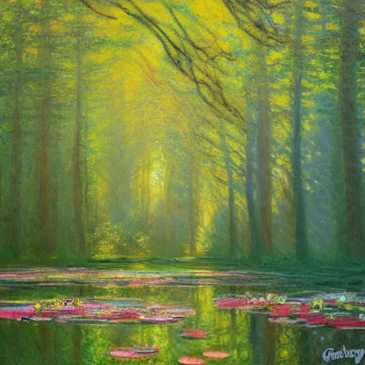 Prompt: A magical forest by Greg Rutkowsky and Claude Monet