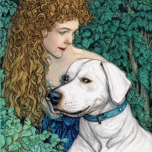 Prompt: girl with curly blonde hair sits in a forest with a white pitbull next to her, highly detailed, painting by rebecca guay