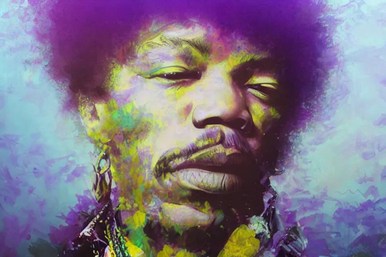 Image similar to jimi hendrix as a purple haze, soft, sharp focus, detailed, fractals, artwork by Ruan Jia